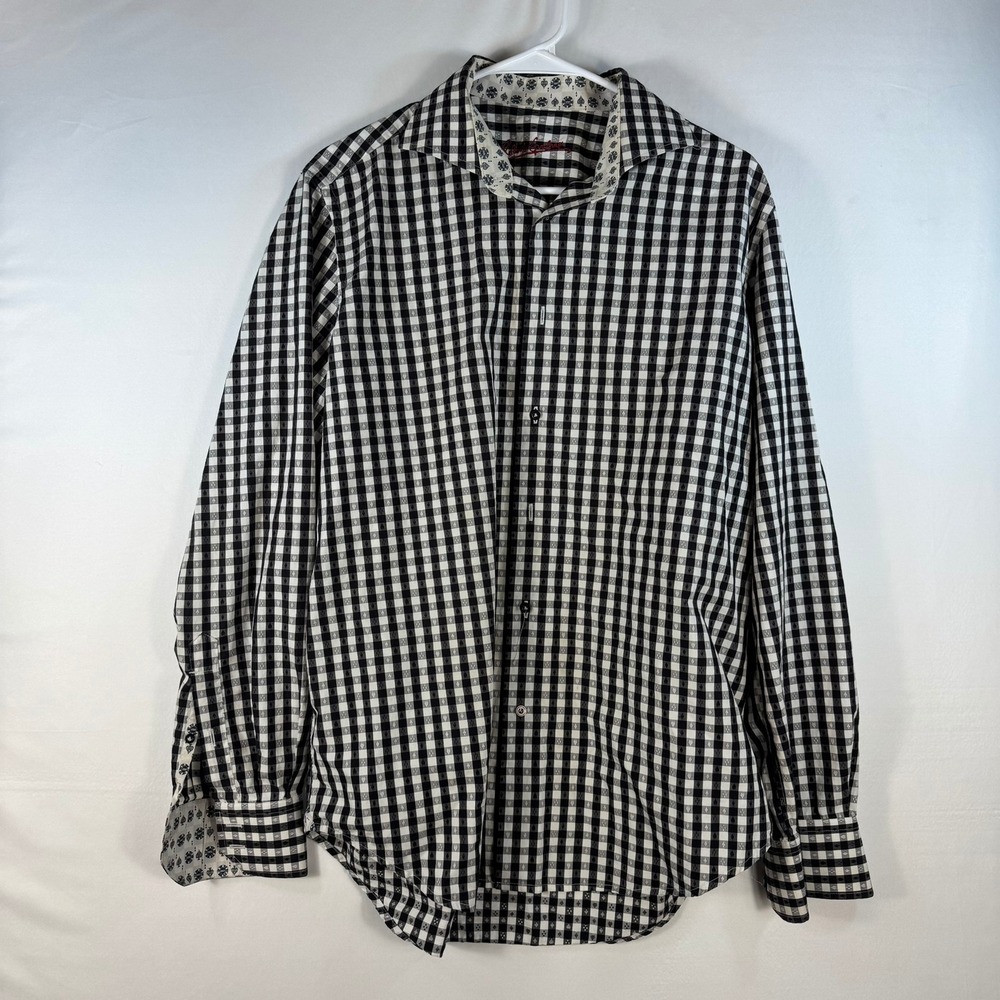 Robert Graham Mens Black White Gingham Poker Print Button Down Shirt Long Sleeve